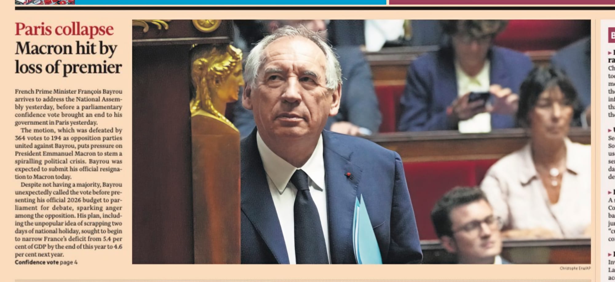 French political turmoil and UK migrant row dominate front pages today